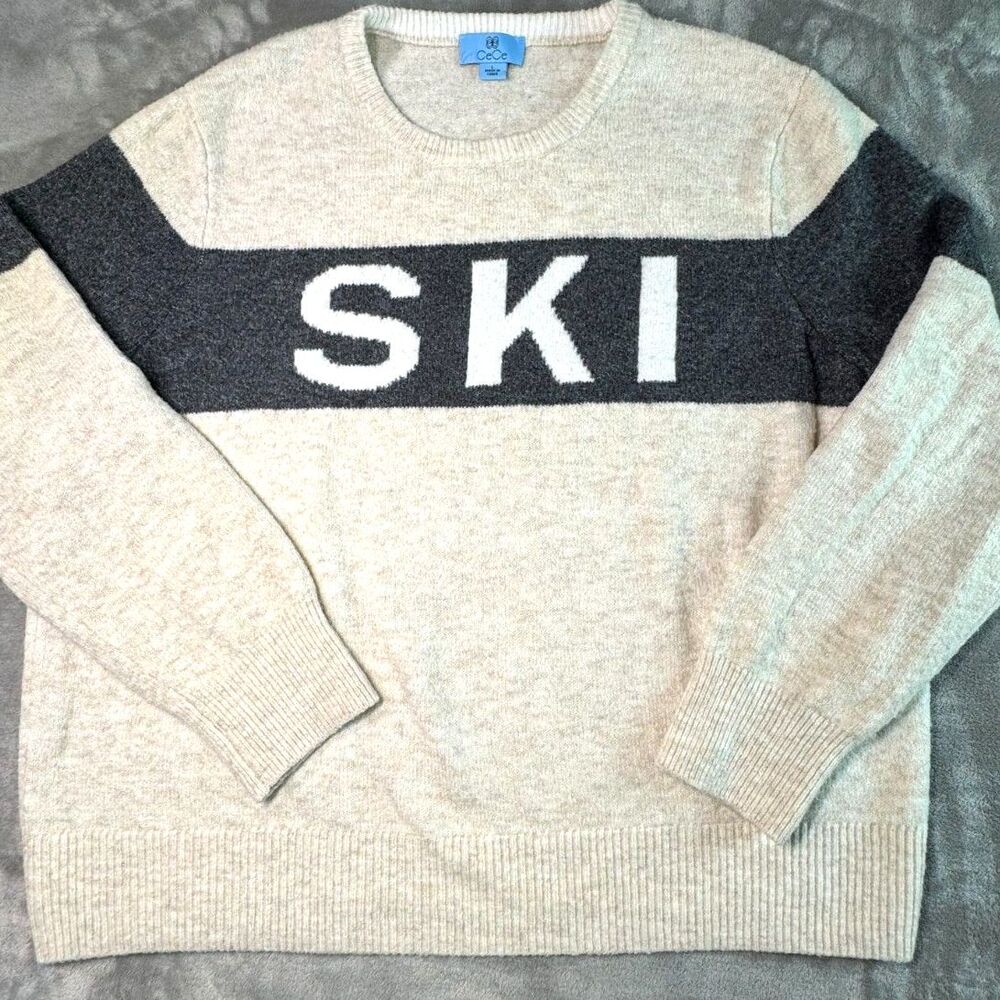 “SKI” CeCe Cozy Long Sleeve Sweater! Cream/gray L - Picture 2 of 8